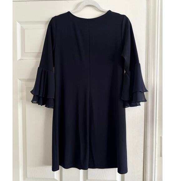 MSK Petite Navy Blue Shift Dress Size MP Ruffled Bell Sleeves V Neck Mini Party - Picture 2 of 7